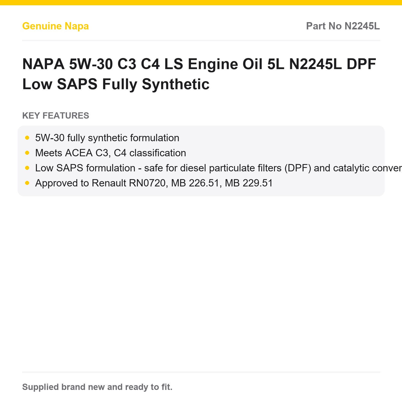 NAPA 5W-30 Fully Synthetic Engine Oil C3 C4 Low SAPS DPF 5L - Image 2