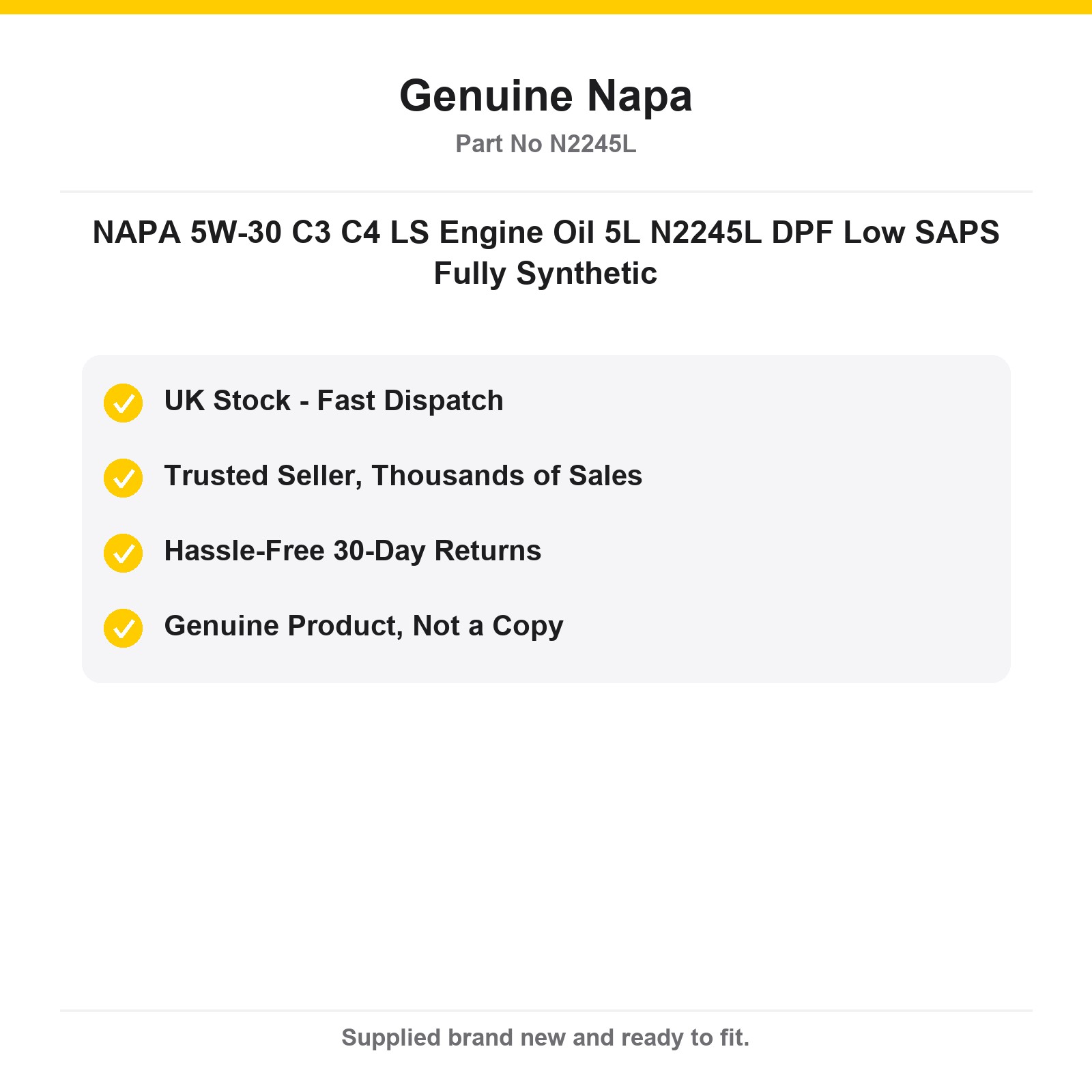 NAPA 5W-30 Fully Synthetic Engine Oil C3 C4 Low SAPS DPF 5L - Image 4