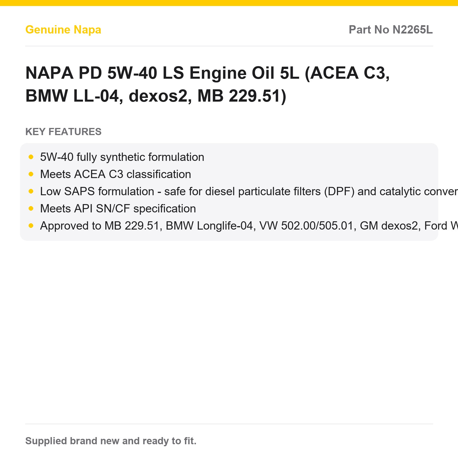 NAPA PD 5W-40 LS Engine Oil 5L (ACEA C3, BMW LL-04, dexos2, MB 229.51) - Image 2