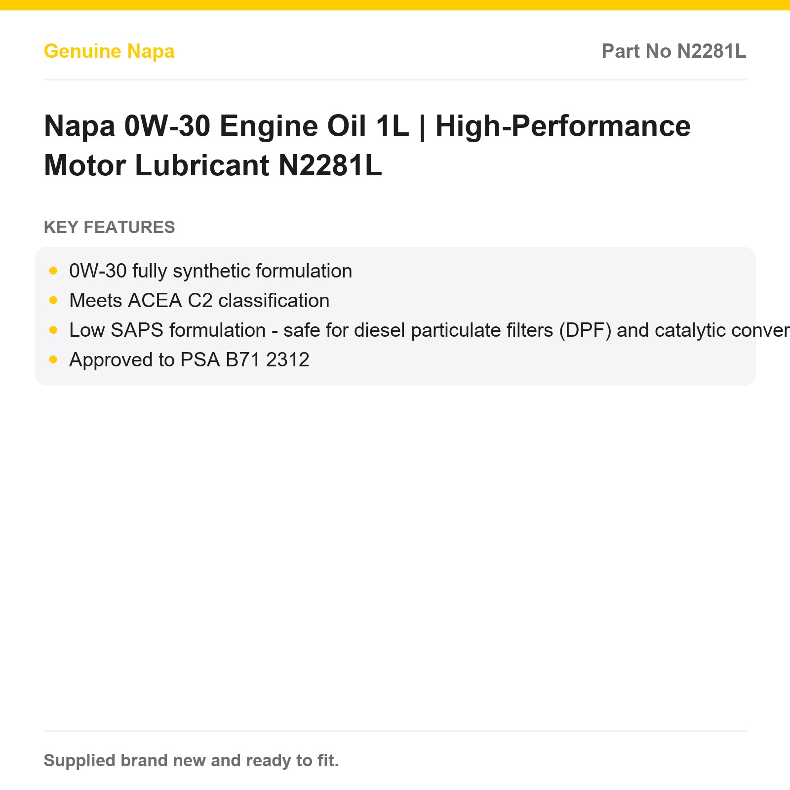 Napa 0W-30 Fully Synthetic Low SAPS Engine Oil 1L N2281L - Image 2