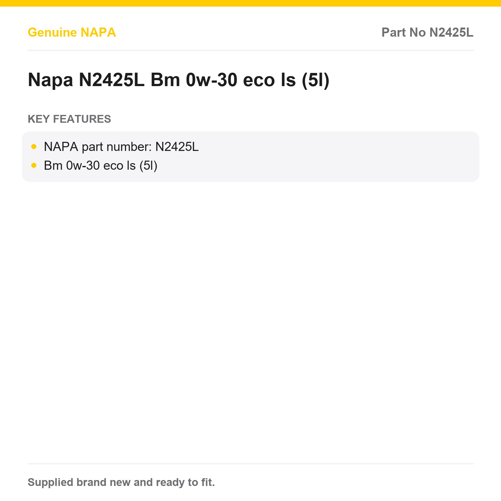 Genuine NAPA 0w-30 Engine Oil 5L N2425L Bm eco ls - Image 2