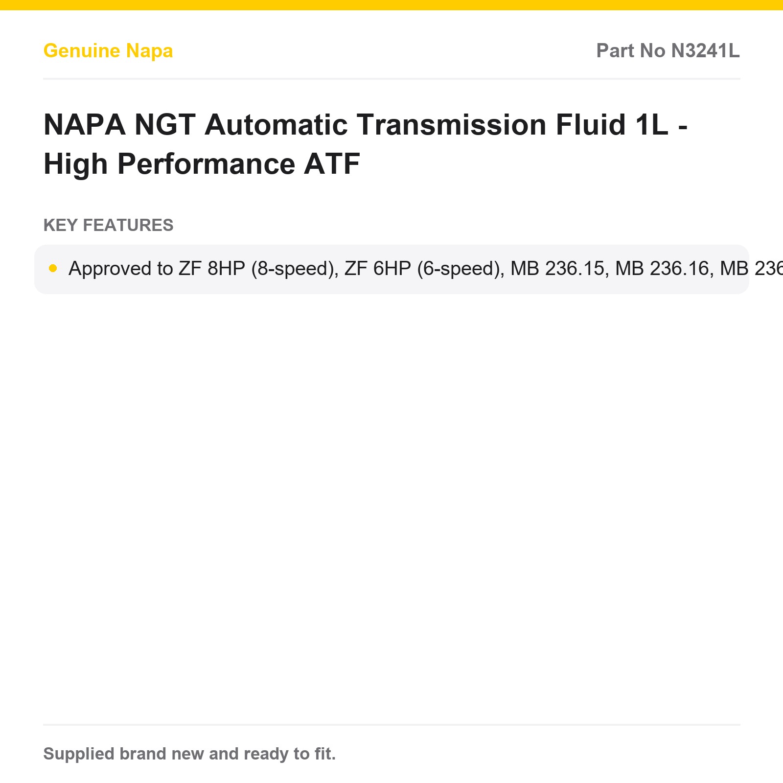 NAPA NGT Automatic Transmission Fluid 1L ZF 8HP MB 236.17 - Image 2