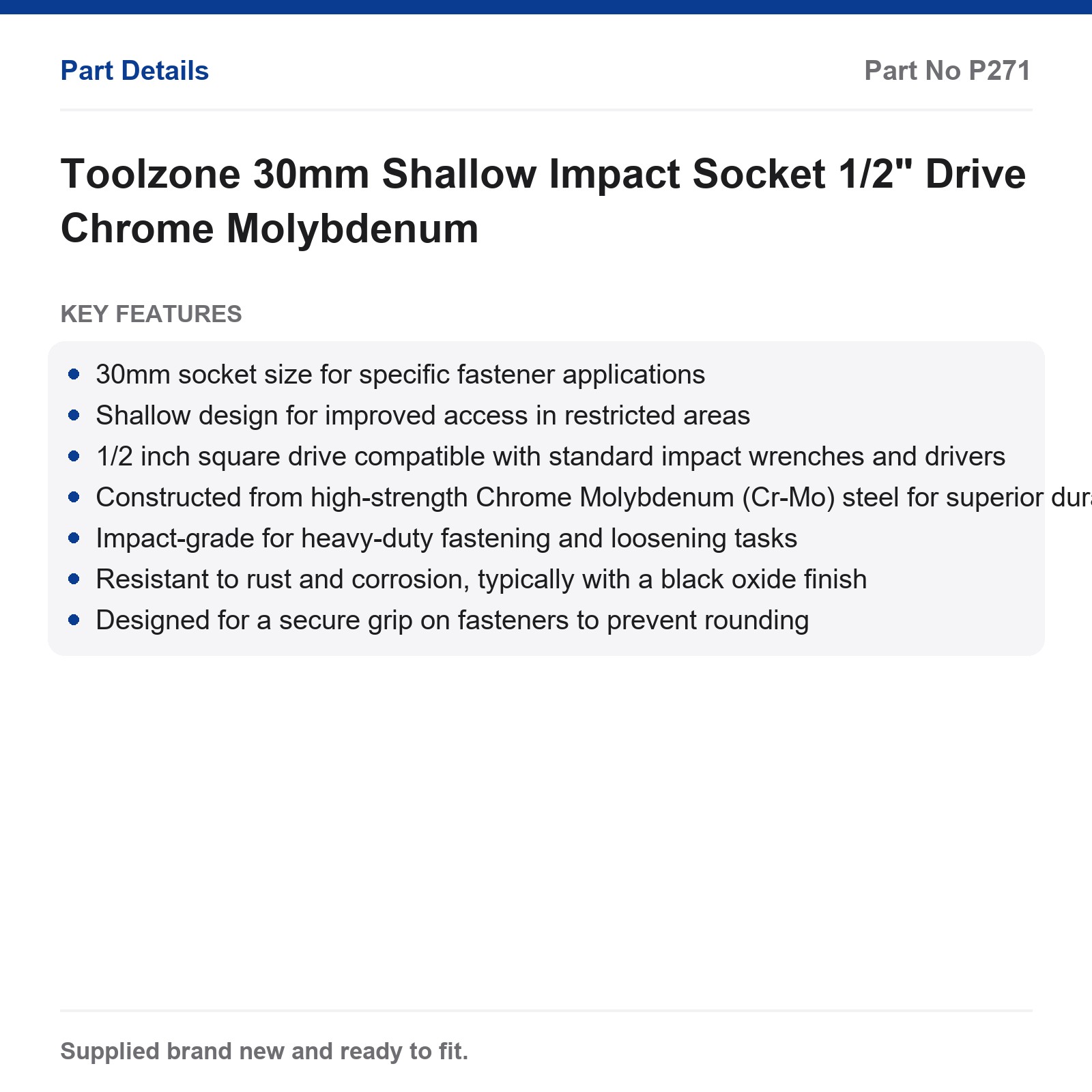 30mm Shallow Impact Socket 1/2" Drive Toolzone Chrome Molybdenum - Image 2