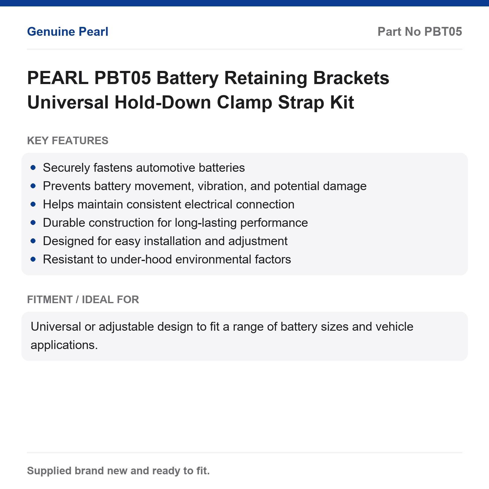 PEARL PBT05 Battery Retaining Brackets Universal Hold-Down Clamp Strap Kit - Image 2