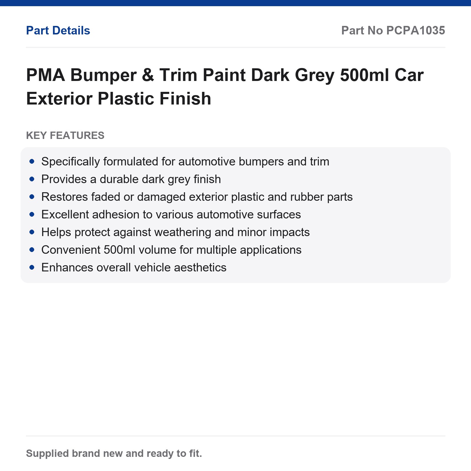 PMA Bumper & Trim Paint Dark Grey 500ml Car Exterior Plastic - Image 2