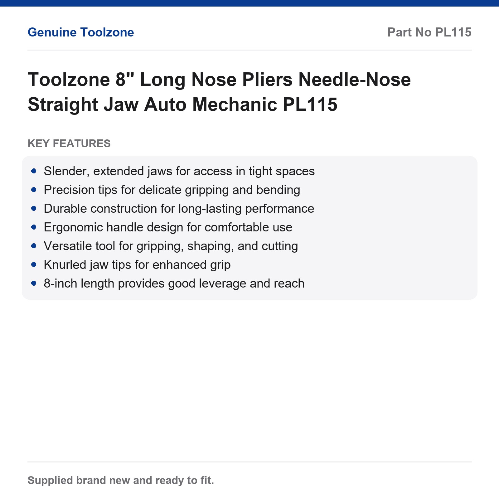 Toolzone 8" Long Nose Pliers Needle-Nose Straight Jaw Auto Mechanic PL115 - Image 2