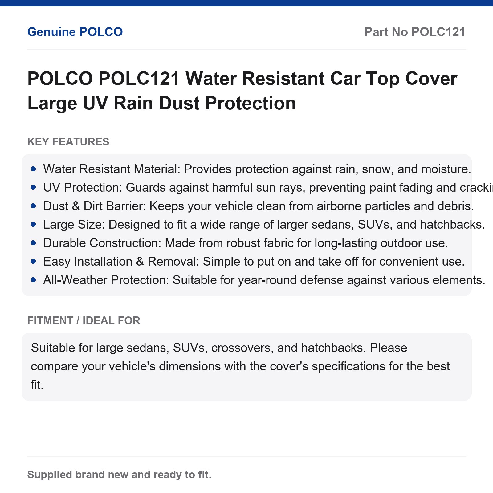 POLCO POLC121 Large Water Resistant Car Top Cover UV Rain Dust - Image 2