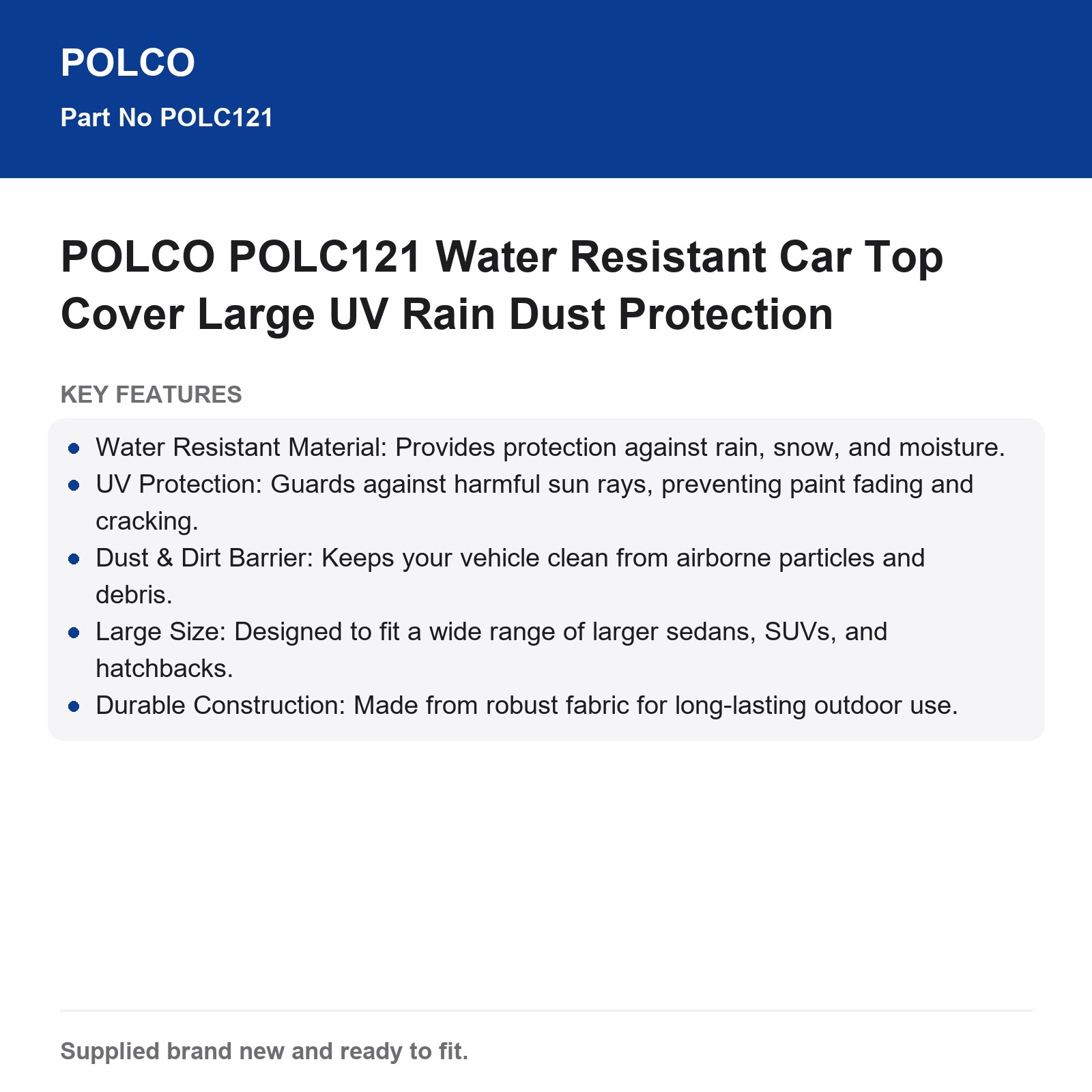 POLCO POLC121 Large Water Resistant Car Top Cover UV Rain Dust - Image 3