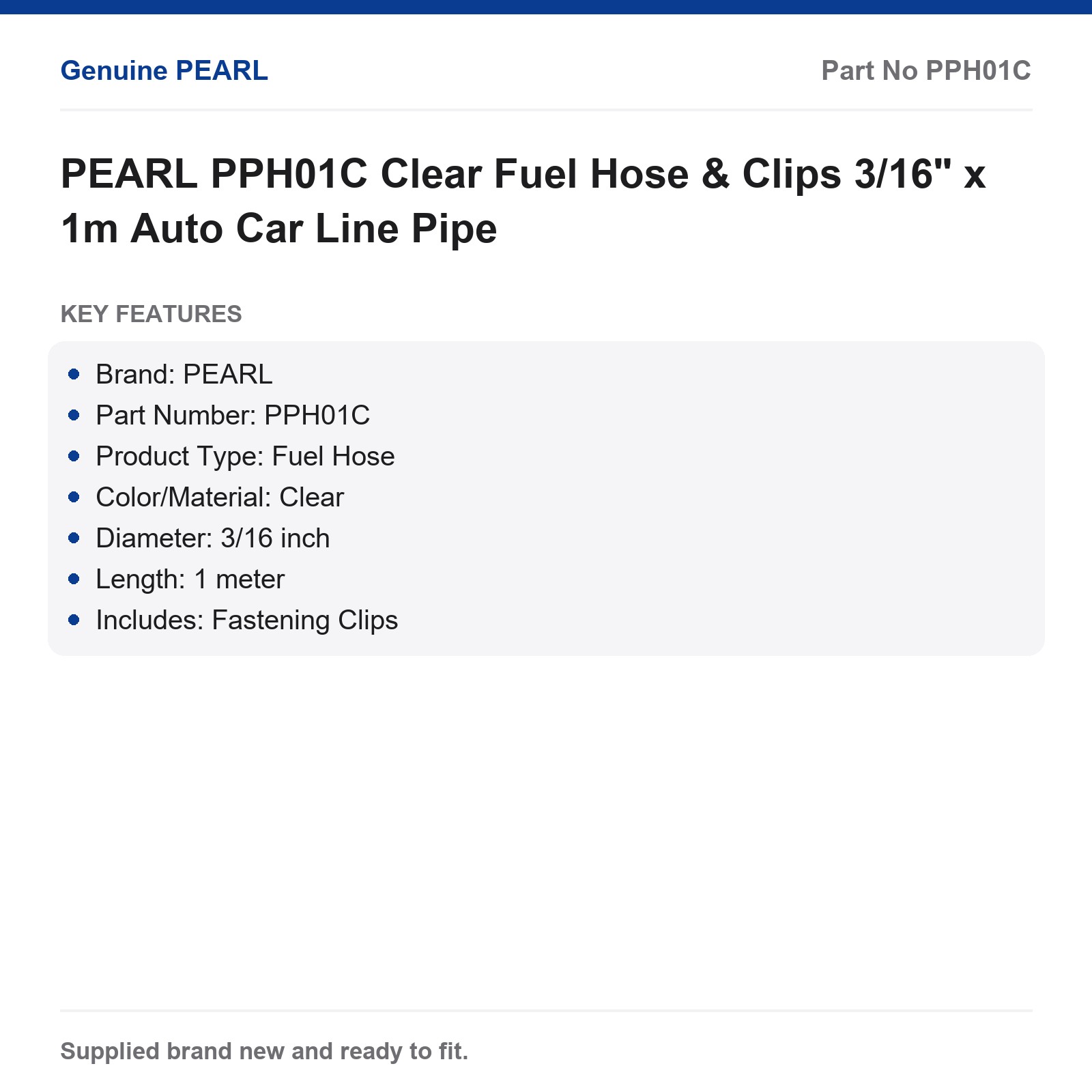 PEARL PPH01C Clear Fuel Hose 3/16" x 1m with Clips - Image 2