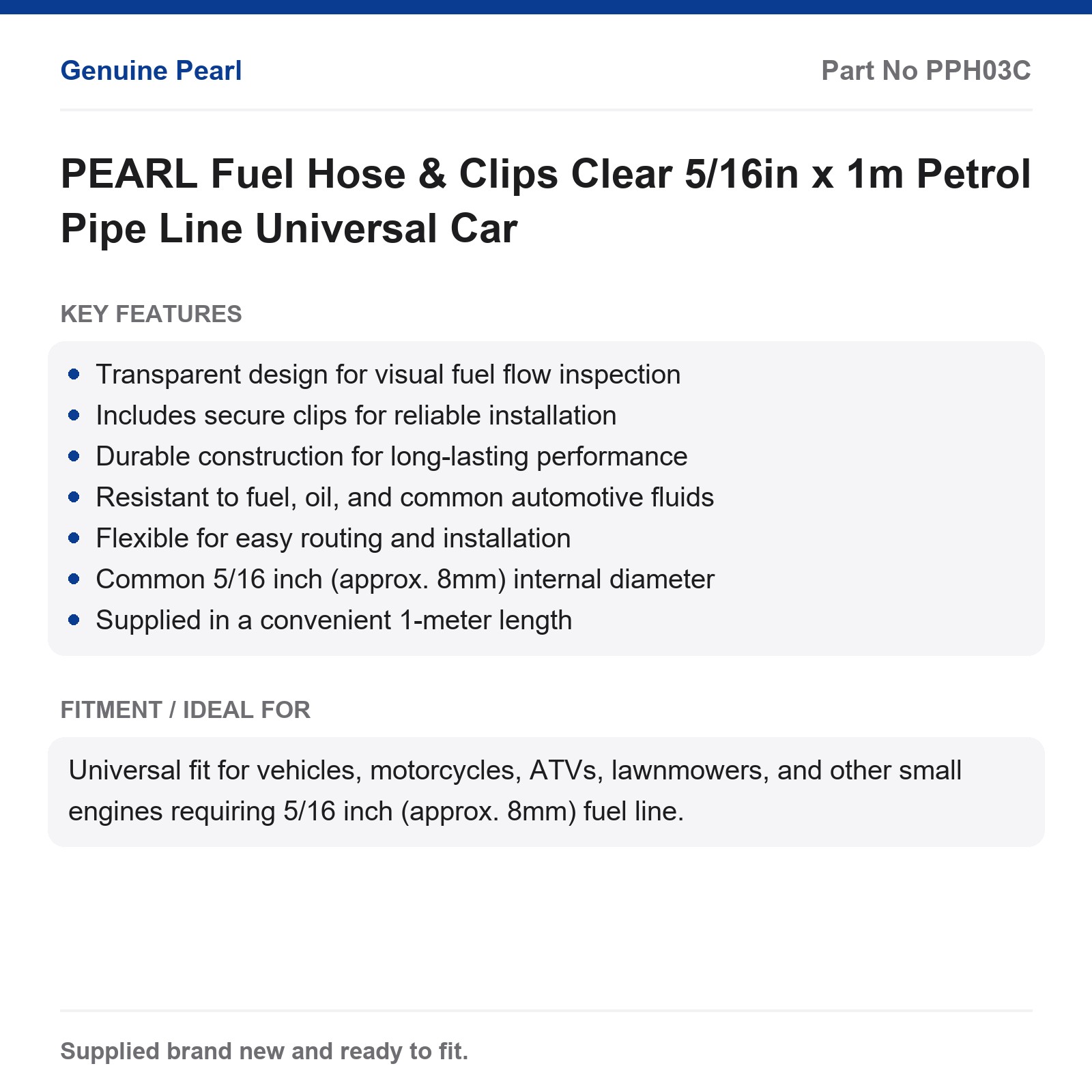 PEARL 5/16in Clear Fuel Hose Petrol Line & Clips 1m Universal Car - Image 2