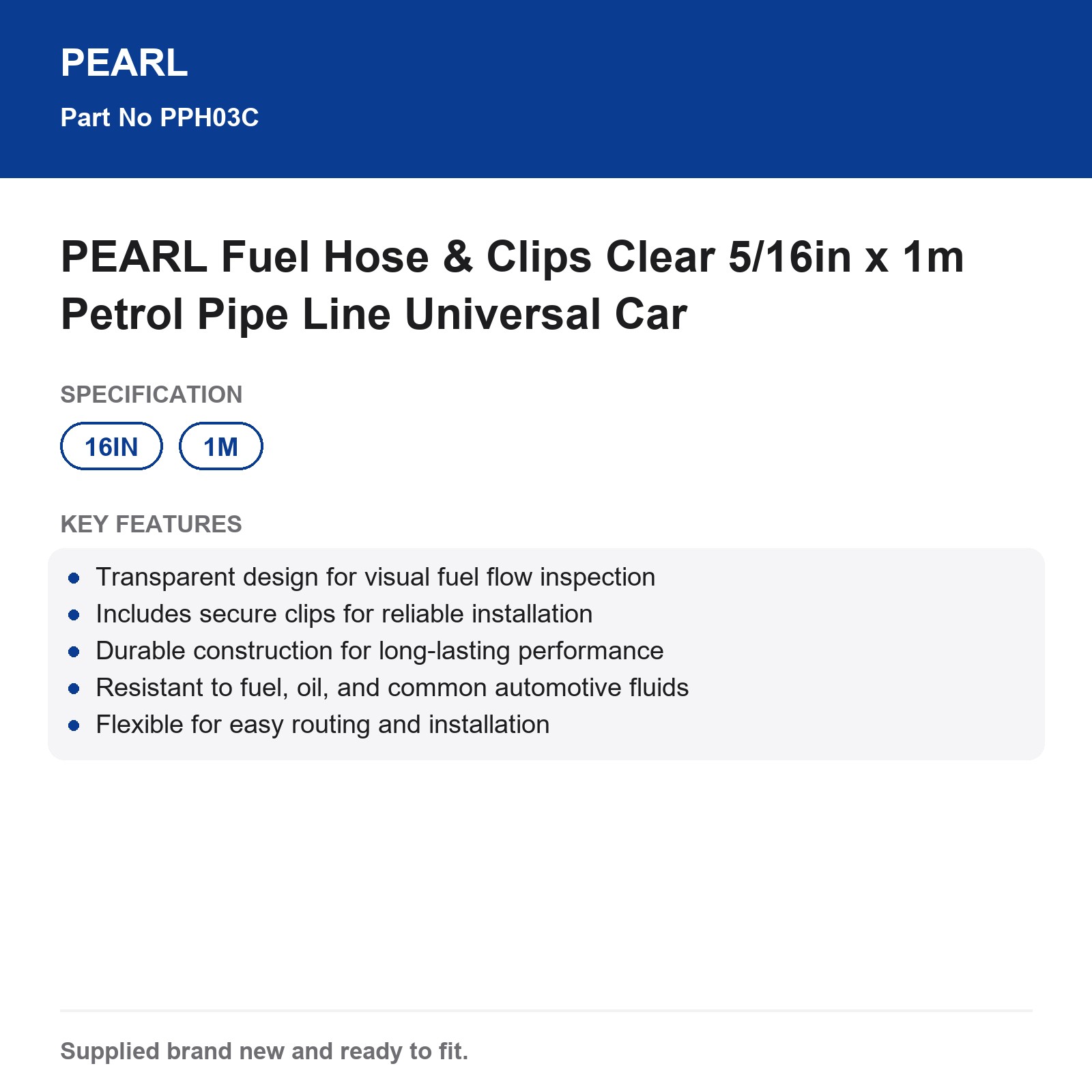 PEARL 5/16in Clear Fuel Hose Petrol Line & Clips 1m Universal Car - Image 3