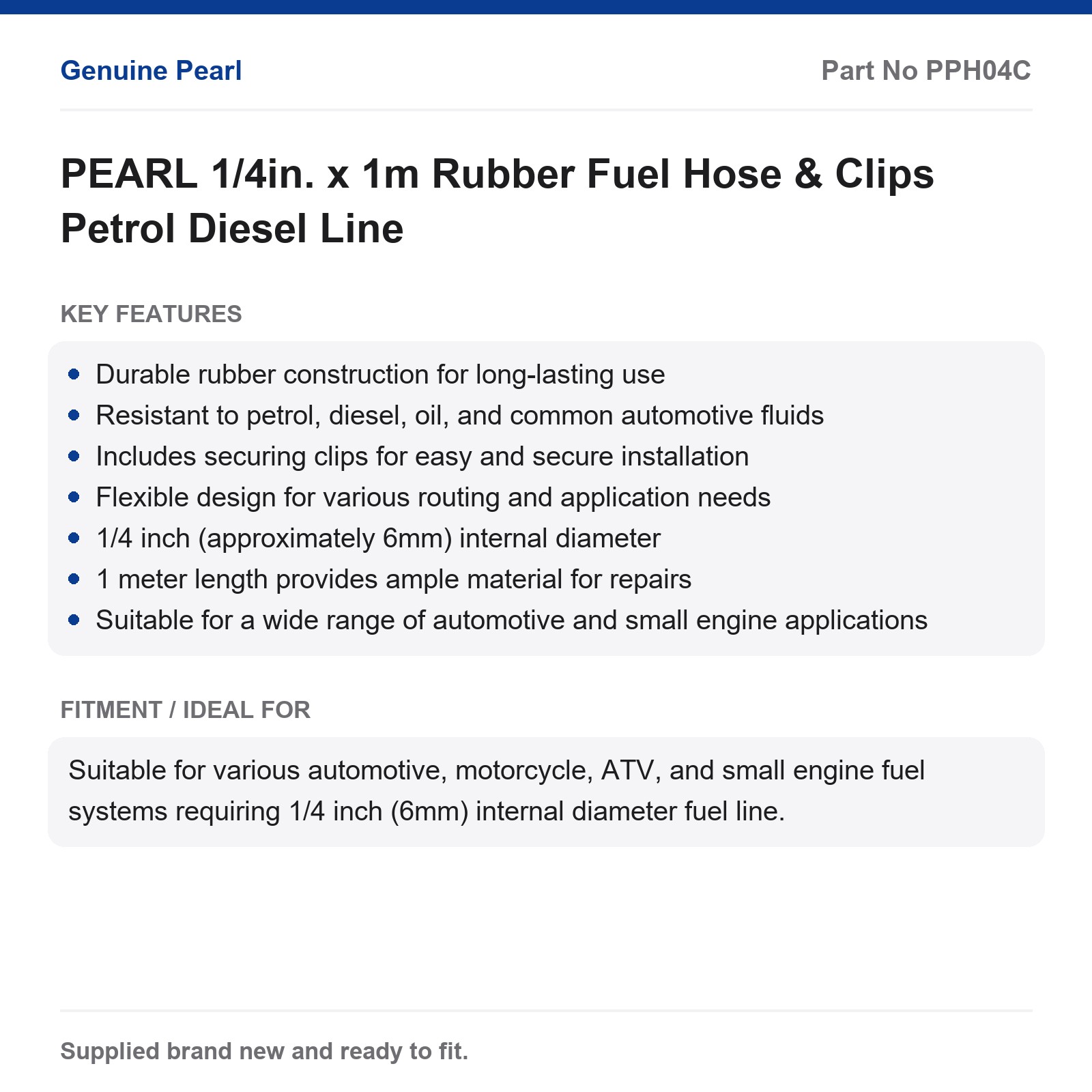 PEARL 1/4in. x 1m Rubber Fuel Hose & Clips Petrol Diesel Line - Image 2