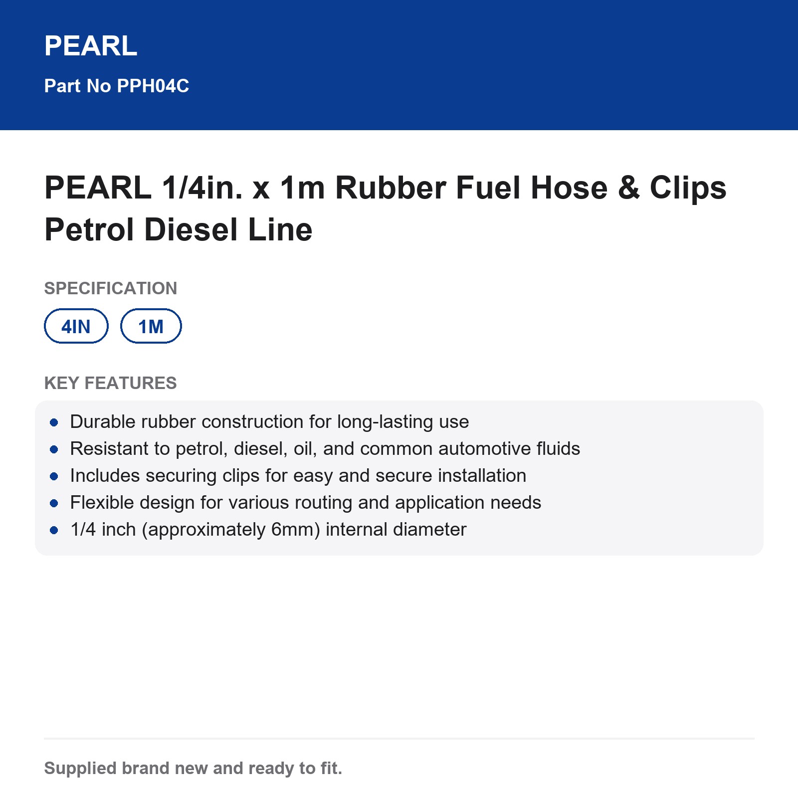 PEARL 1/4in. x 1m Rubber Fuel Hose & Clips Petrol Diesel Line - Image 3