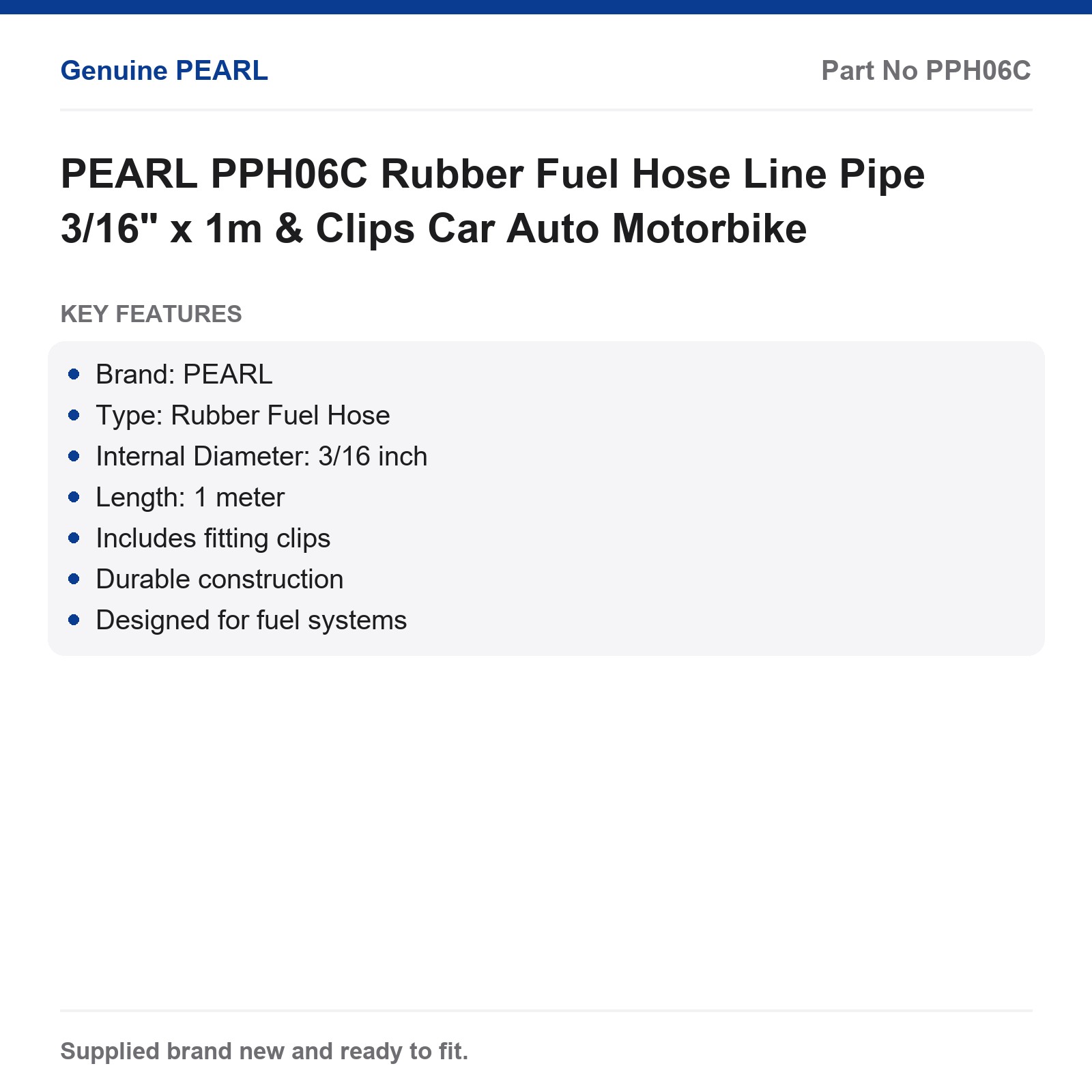 PEARL PPH06C 3/16" x 1m Rubber Fuel Hose & Clips Car Auto Motorbike - Image 2