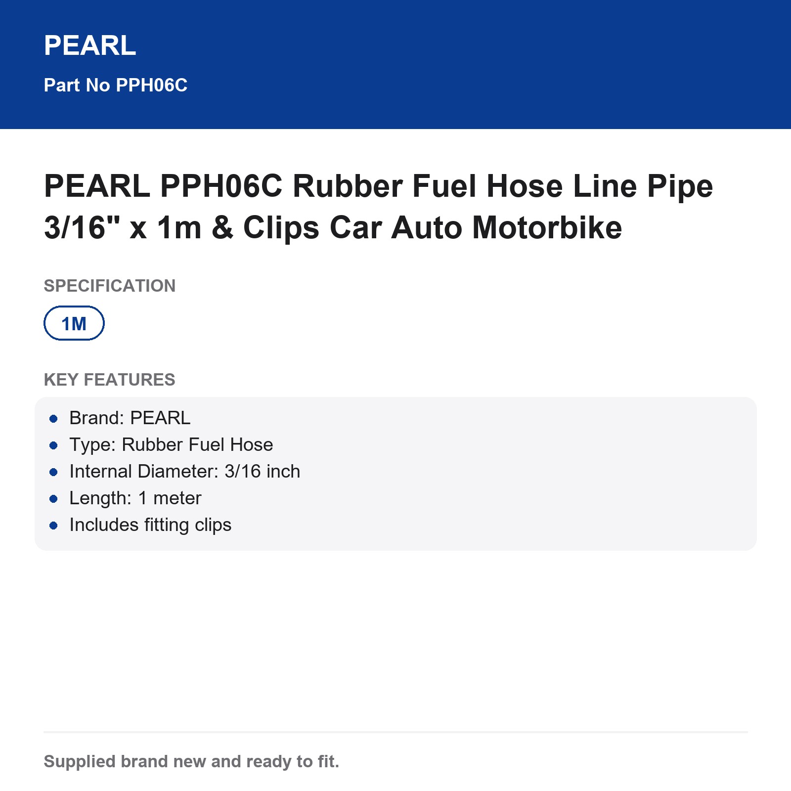 PEARL PPH06C 3/16" x 1m Rubber Fuel Hose & Clips Car Auto Motorbike - Image 3