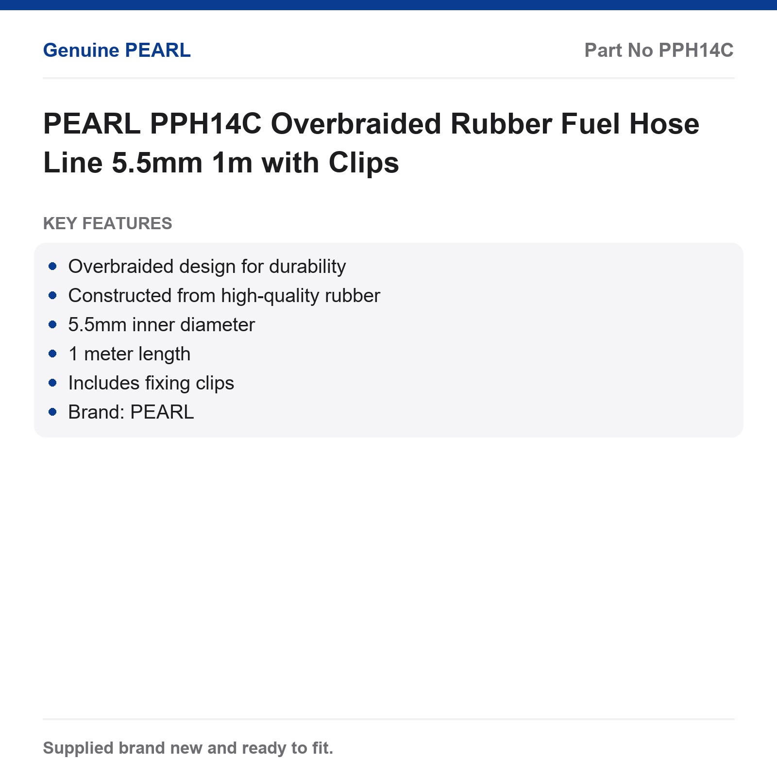 PEARL PPH14C Fuel Hose 5.5mm Overbraided Rubber 1m with Clips - Image 2