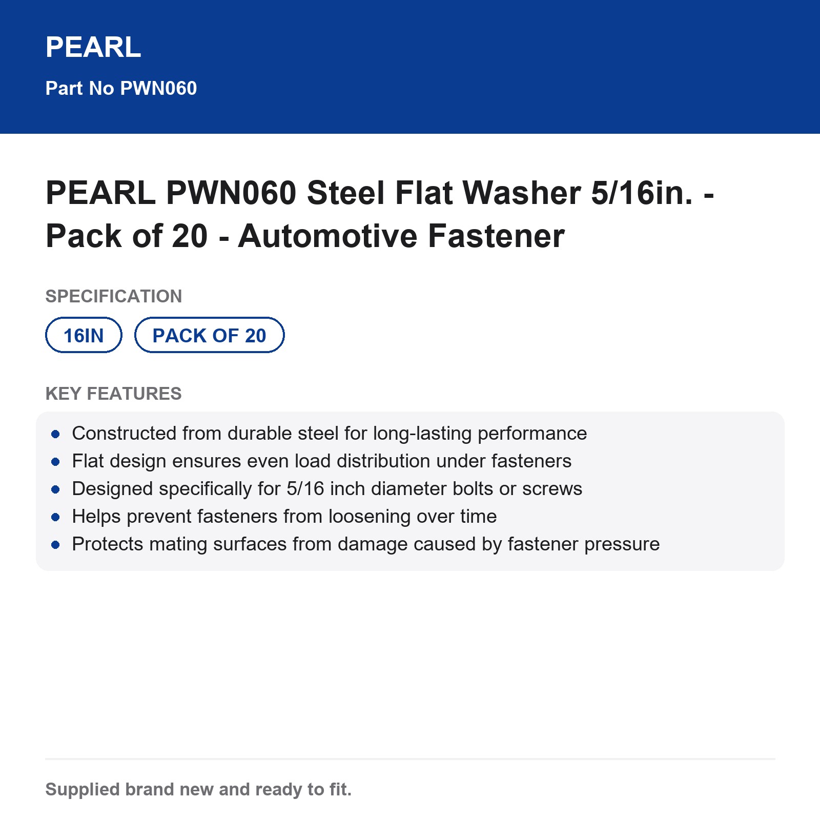 PEARL PWN060 5/16in Steel Flat Washer 20-Pack Automotive - Image 3