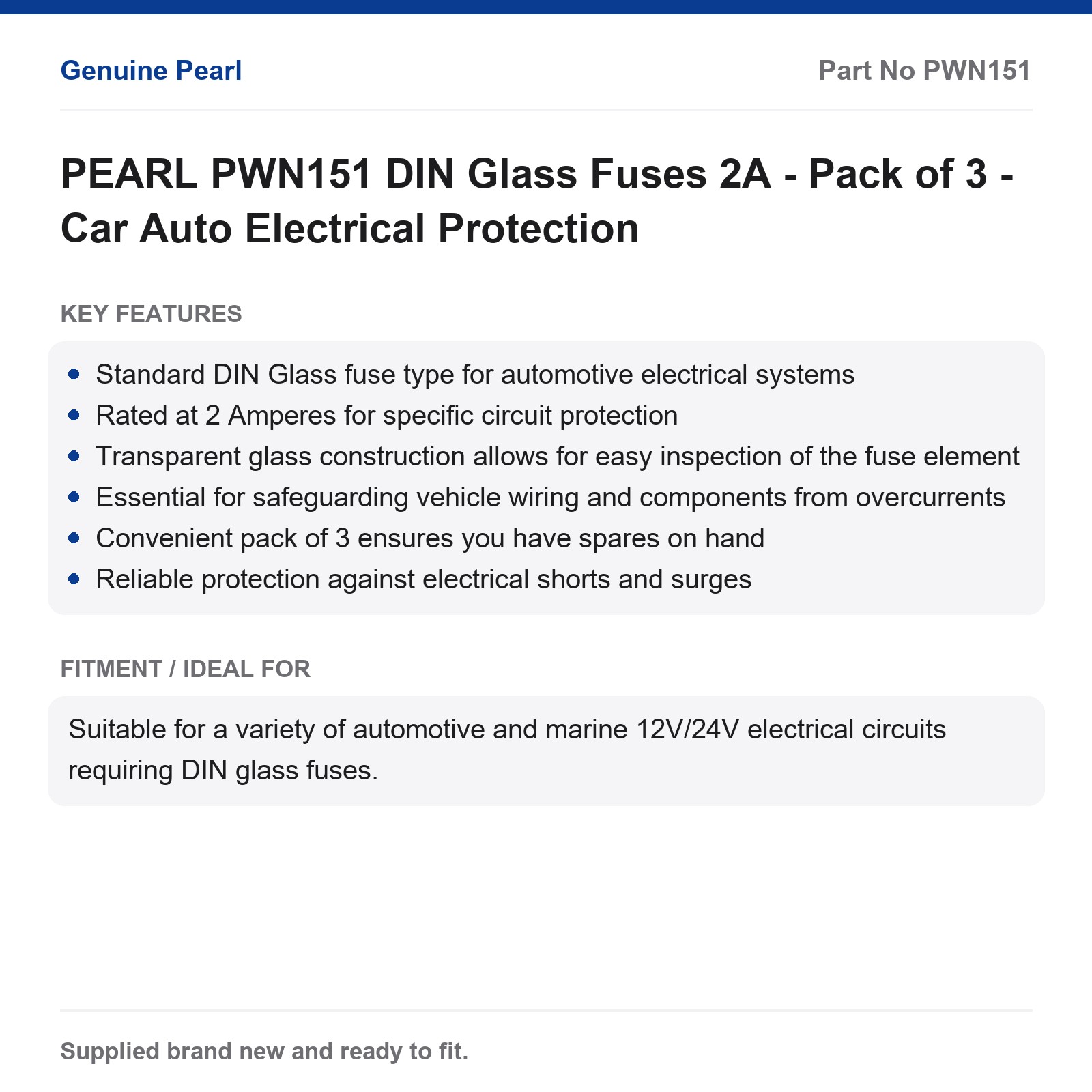 PEARL PWN151 DIN Glass Fuses 2A - Pack of 3 - Car Auto Electrical Protection - Image 2