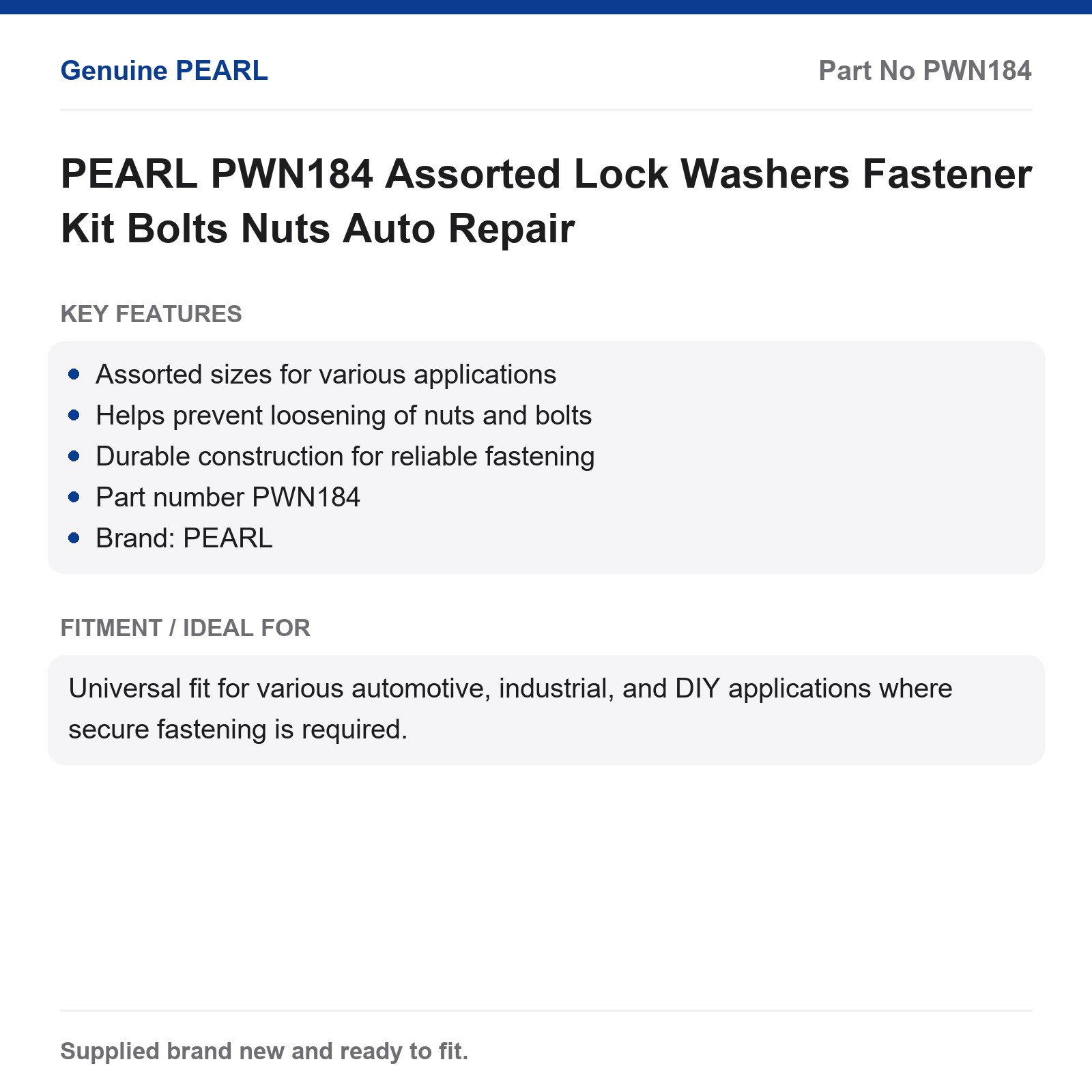 PEARL PWN184 Assorted Lock Washers Fastener Kit Bolts Nuts Auto Repair - Image 2