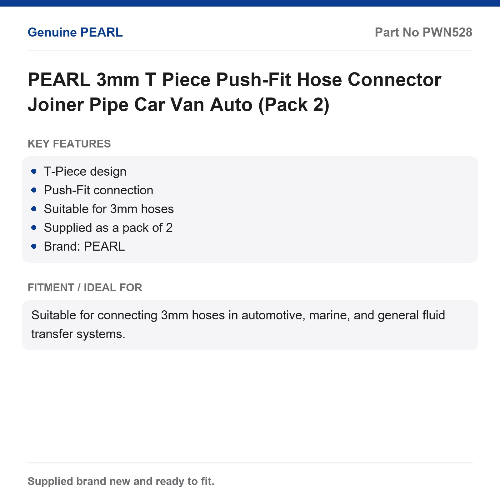 PEARL 3mm T Piece Push-Fit Hose Connector Joiner Pipe Car Van Auto (Pack 2) - Image 2