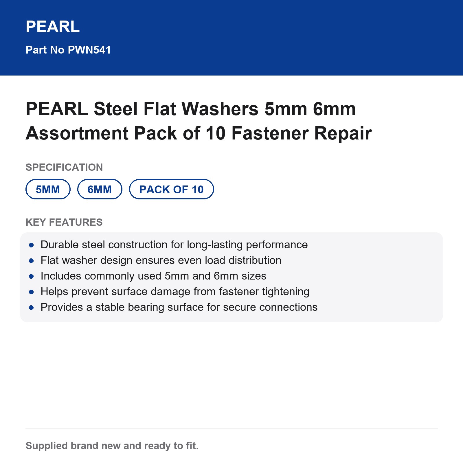 PEARL Steel Flat Washers 5mm 6mm 10 Pack Fastener Repair - Image 3