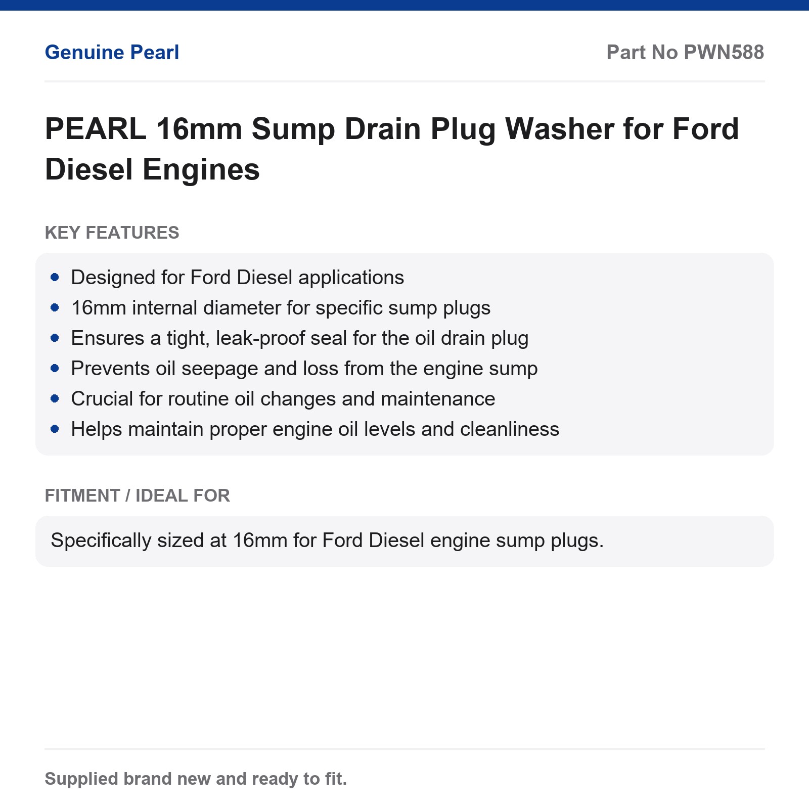 Ford Diesel 16mm Sump Plug Washer PEARL - Image 2