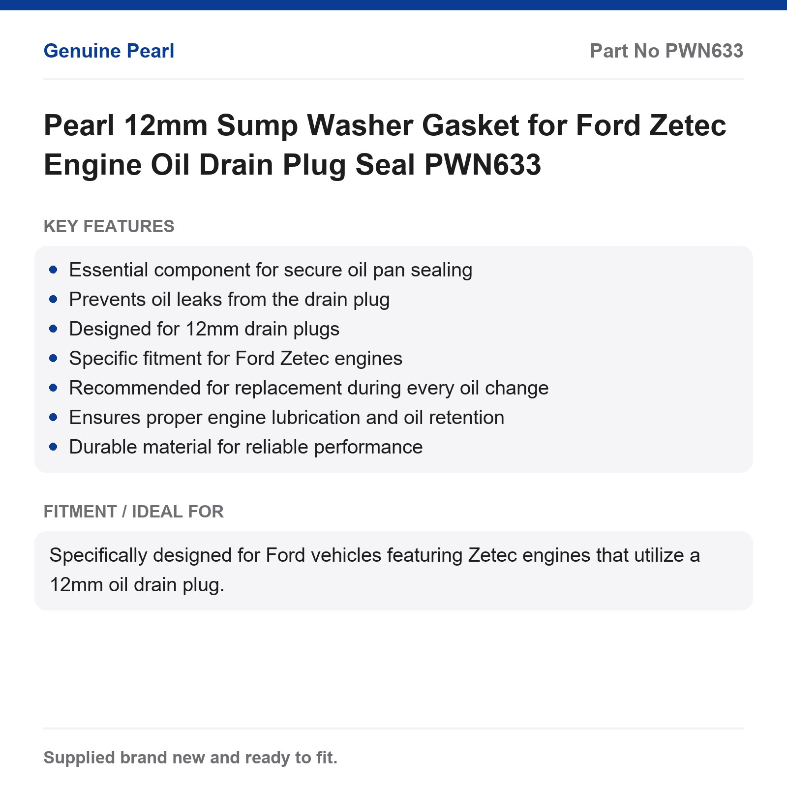 Ford Zetec 12mm Sump Washer Oil Drain Plug Gasket Seal Pearl PWN633 - Image 2