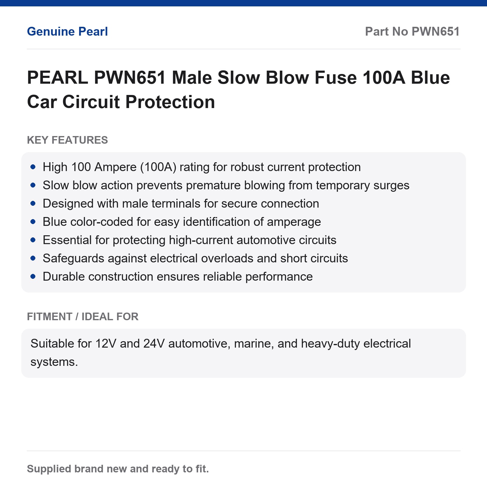 PEARL PWN651 100A Male Slow Blow Car Fuse Blue - Image 2