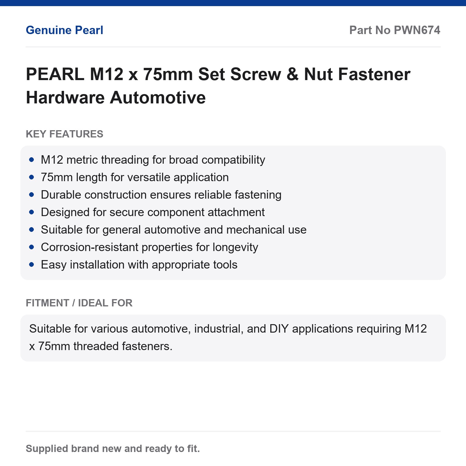 PEARL M12 x 75mm Set Screw & Nut Fastener Hardware Automotive - Image 2