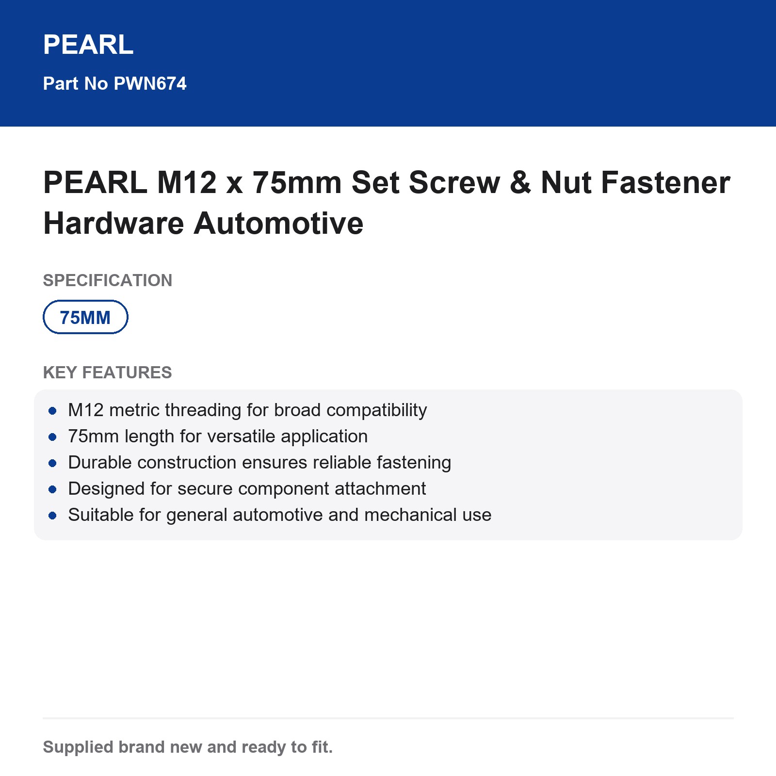 PEARL M12 x 75mm Set Screw & Nut Fastener Hardware Automotive - Image 3