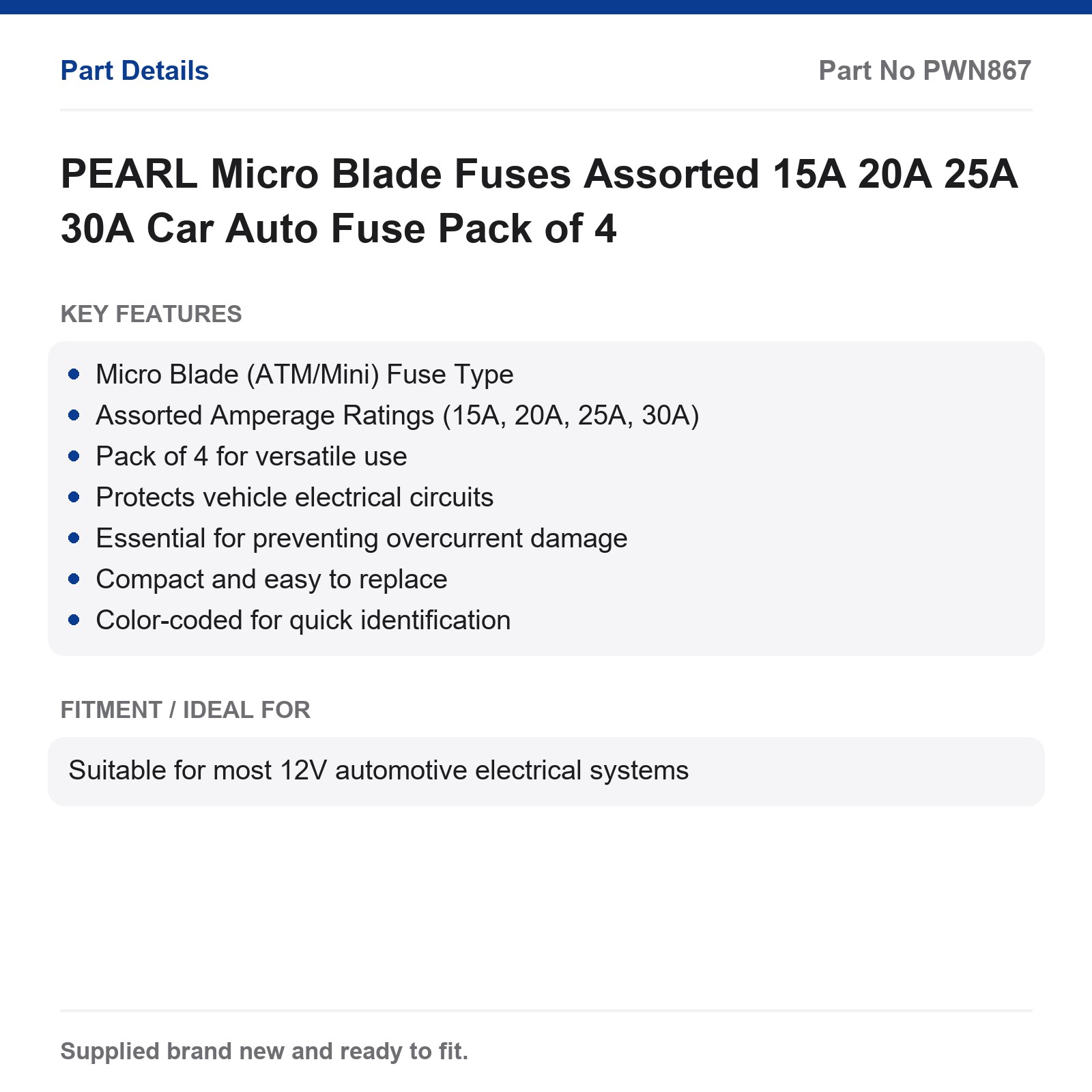 PEARL Micro Blade Car Fuses Assorted 15A 20A 25A 30A Pack of 4 - Image 3