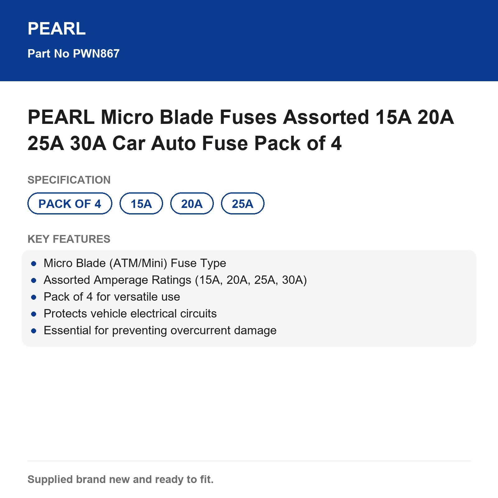 PEARL Micro Blade Car Fuses Assorted 15A 20A 25A 30A Pack of 4 - Image 4