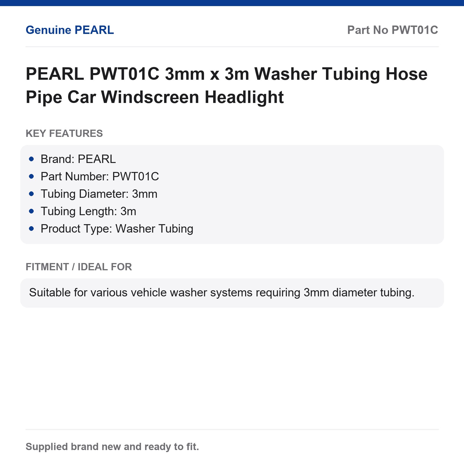 PEARL PWT01C 3mm x 3m Washer Tubing Hose Pipe Car Windscreen Headlight - Image 2