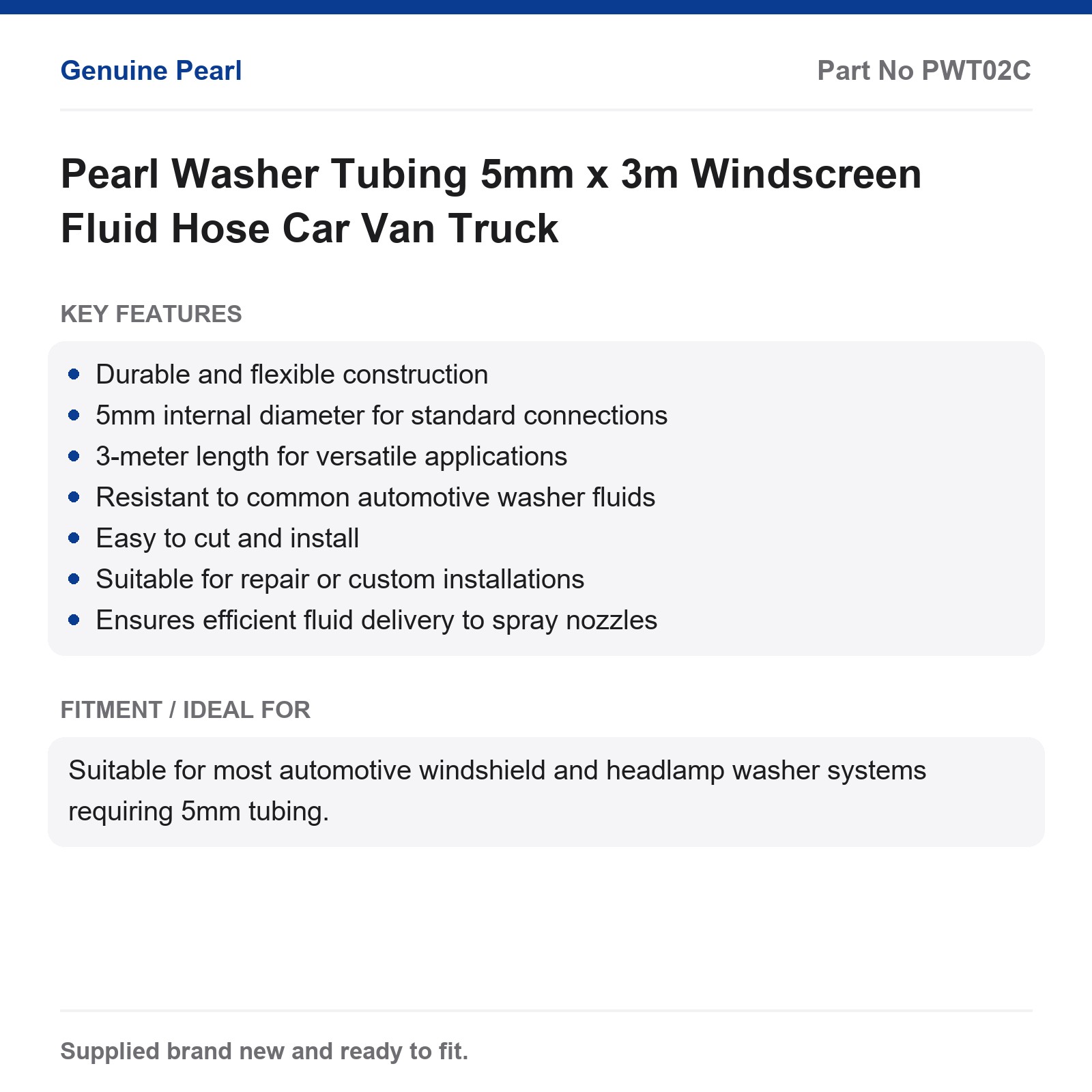 Pearl 5mm 3m Windscreen Washer Hose Tubing Car Van Truck - Image 2