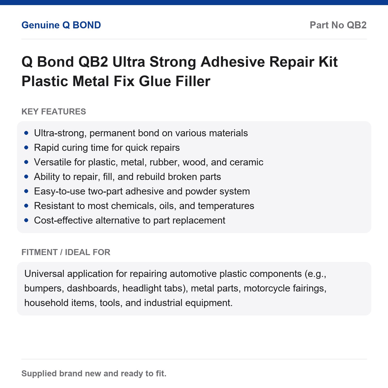 Q Bond QB2 Ultra Strong Adhesive Repair Kit Plastic Metal Fix Glue Filler - Image 3