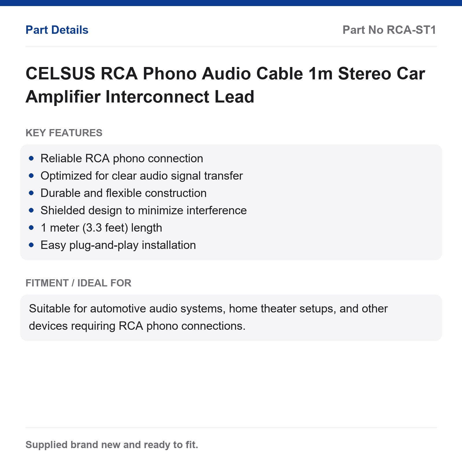 CELSUS RCA Audio Cable 1m Stereo Car Amplifier Interconnect Lead - Image 3