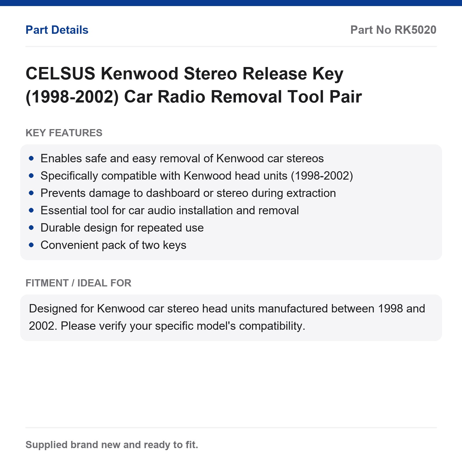 Kenwood Car Radio Removal Tool CELSUS Stereo Release Key (1998-2002) Pair - Image 3