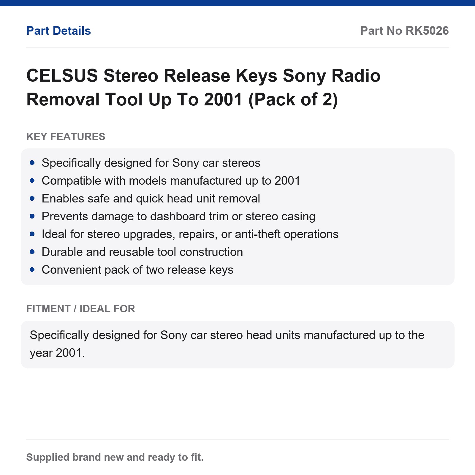 Sony Radio Removal Tool CELSUS Stereo Release Keys Up To 2001 (Pack of 2) - Image 2