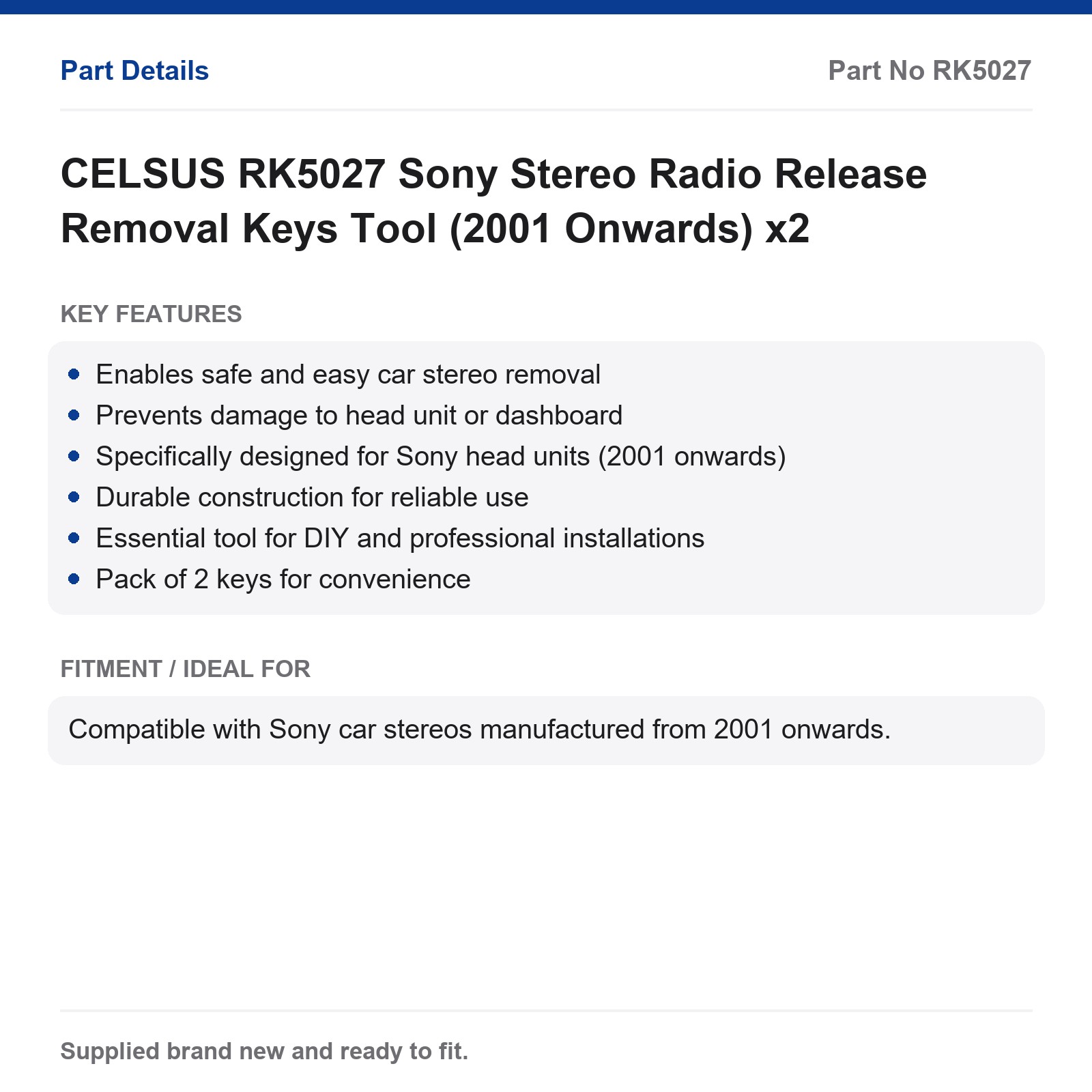 CELSUS RK5027 Sony Stereo Radio Release Keys Tool 2001+ x2 - Image 3