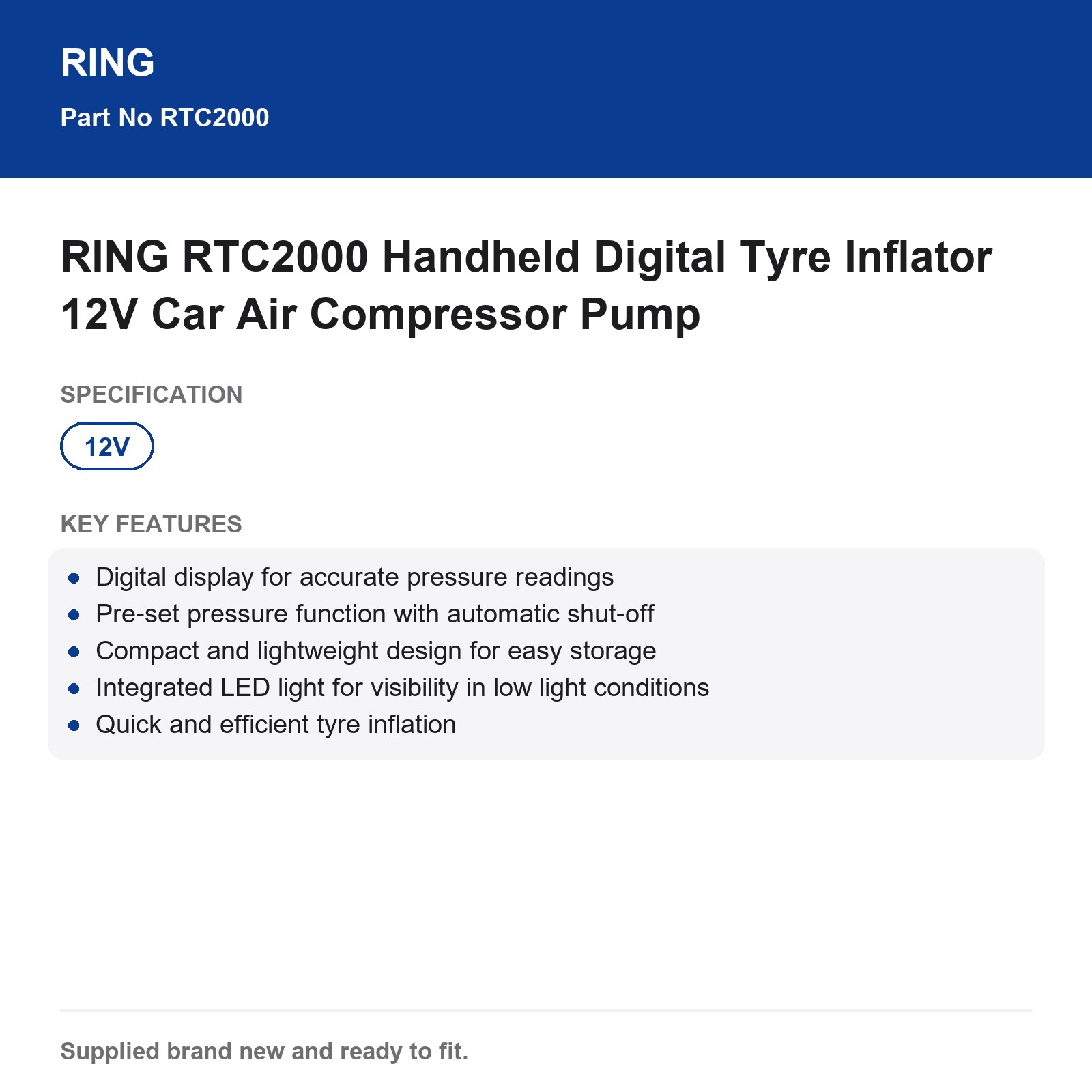 RING RTC2000 Digital Handheld 12V Car Tyre Inflator Air Compressor - Image 3