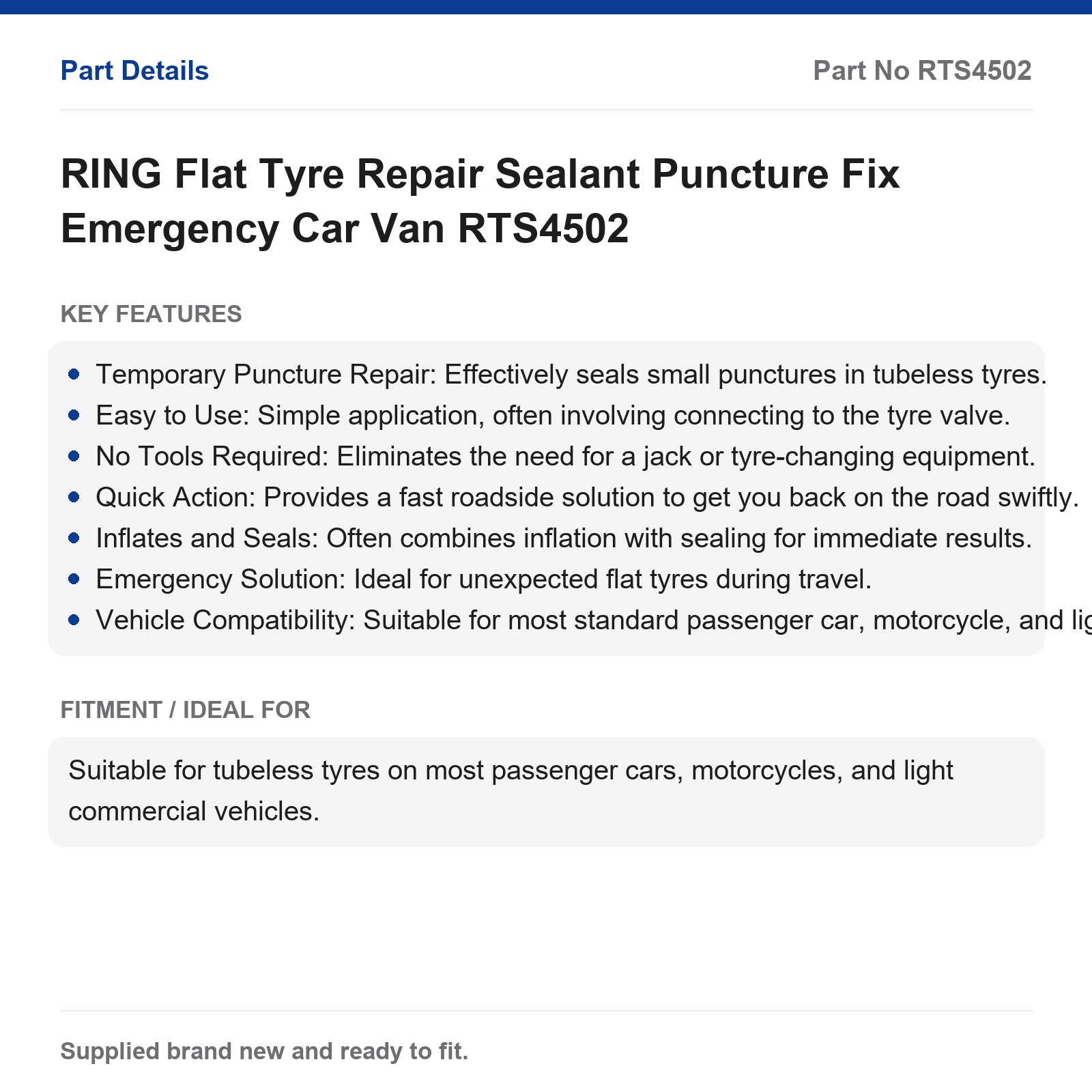 RING Flat Tyre Repair Sealant Puncture Fix Emergency Car Van RTS4502 - Image 2