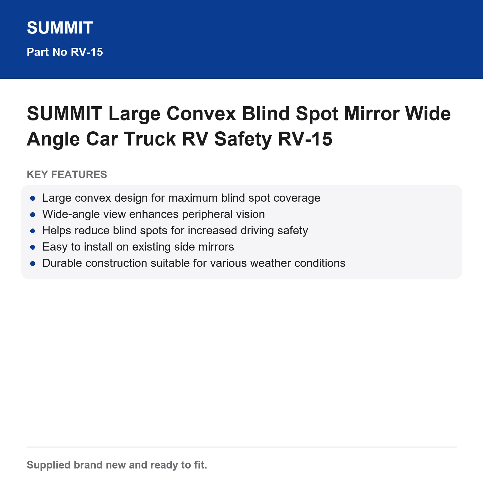 SUMMIT Large Convex Blind Spot Mirror Wide Angle Car Truck RV Safety RV-15 - Image 3