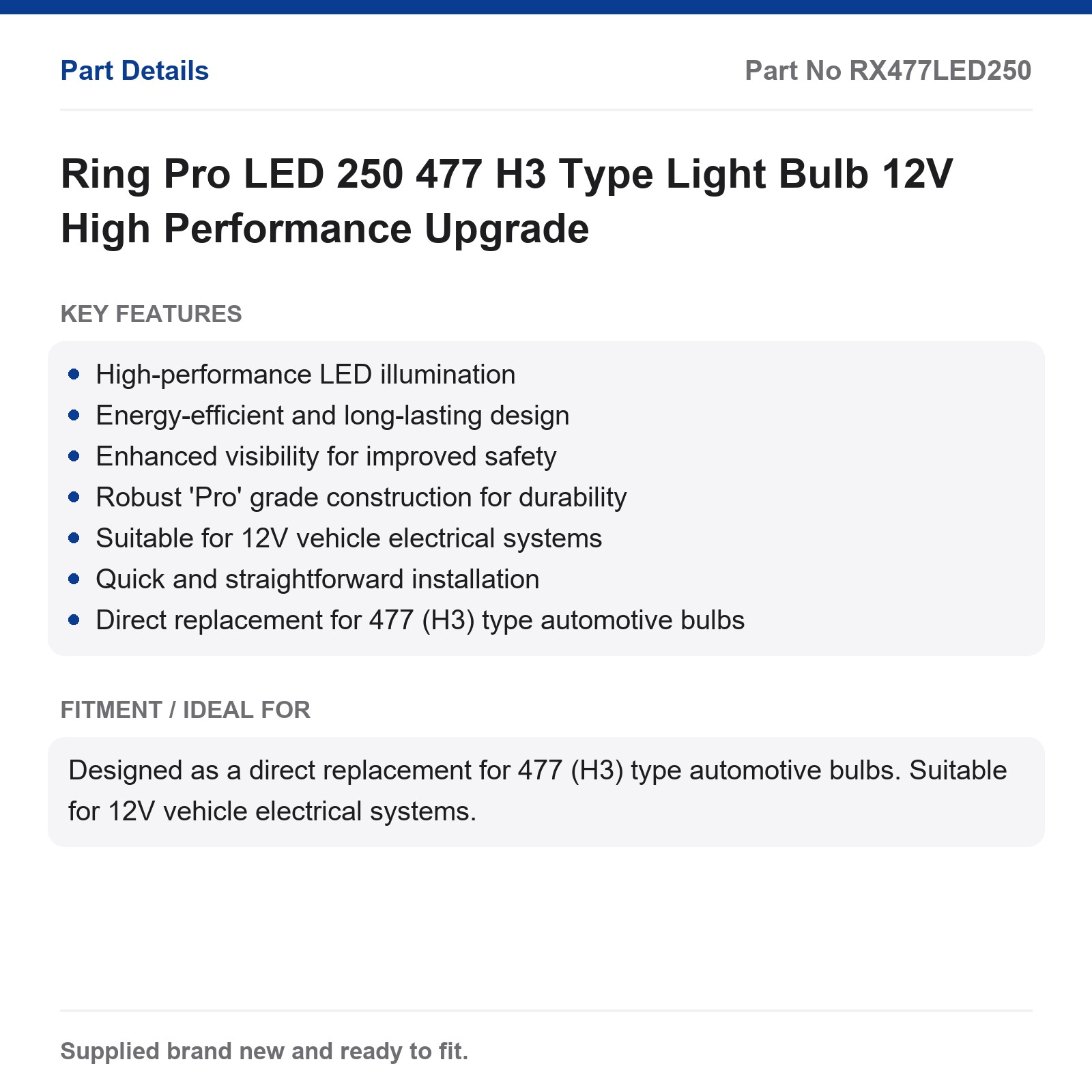 Ring Pro LED250 H3 477 12V High Performance Automotive Bulb - Image 2