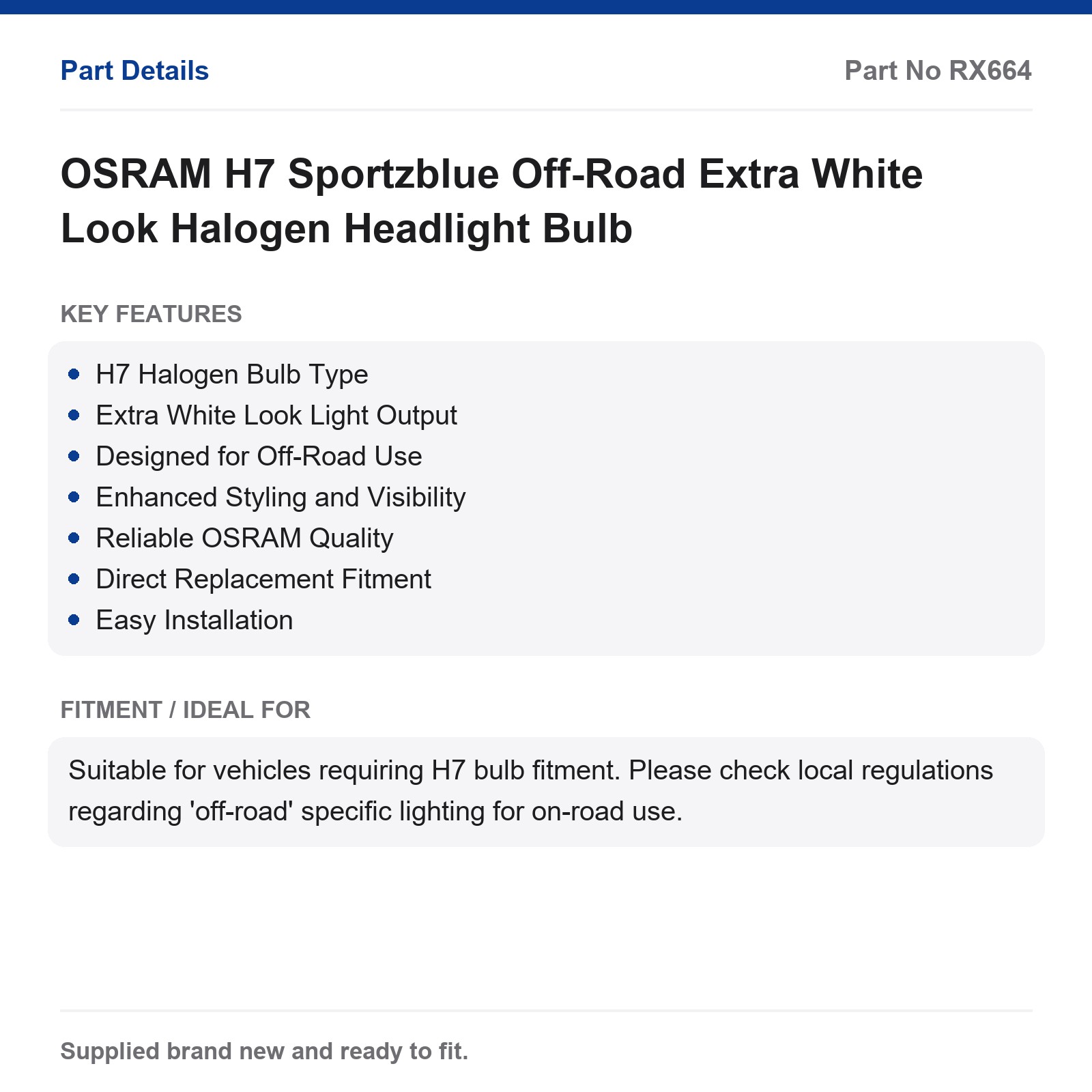 OSRAM H7 Sportzblue Off-Road Extra White Look Halogen Headlight Bulb - Image 2