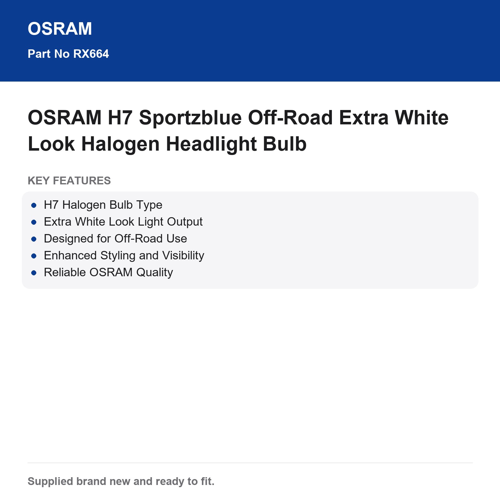 OSRAM H7 Sportzblue Off-Road Extra White Look Halogen Headlight Bulb - Image 3
