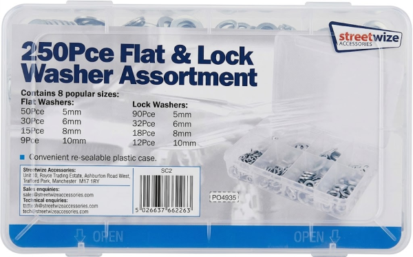 STREETWIZE Flat Lock Washer Assortment Kit 250pc Mixed Sizes