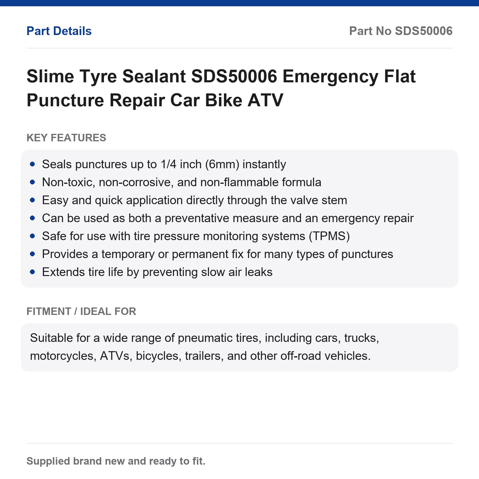 Slime Tyre Sealant SDS50006 Emergency Flat Puncture Repair Car Bike ATV - Image 2