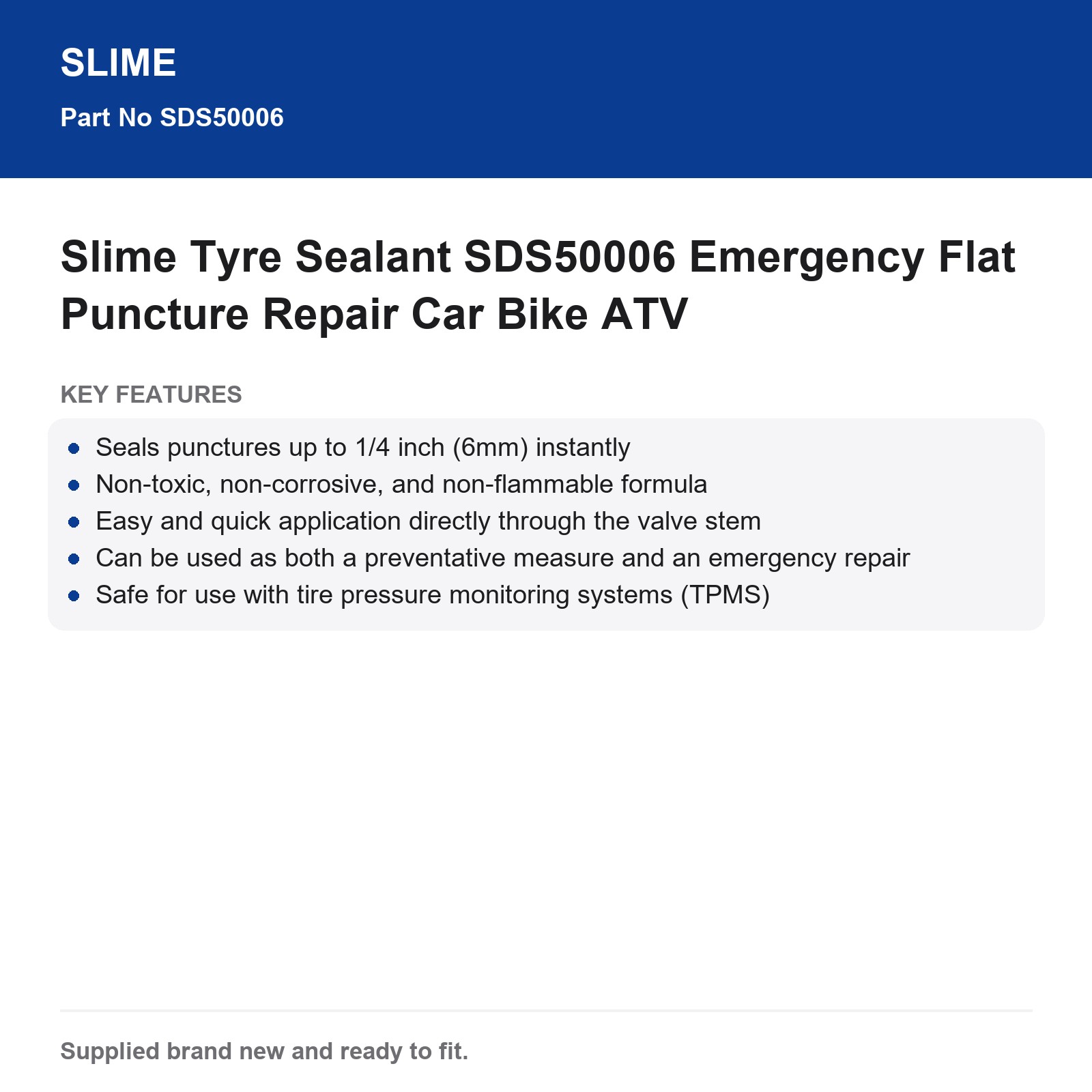 Slime Tyre Sealant SDS50006 Emergency Flat Puncture Repair Car Bike ATV - Image 3