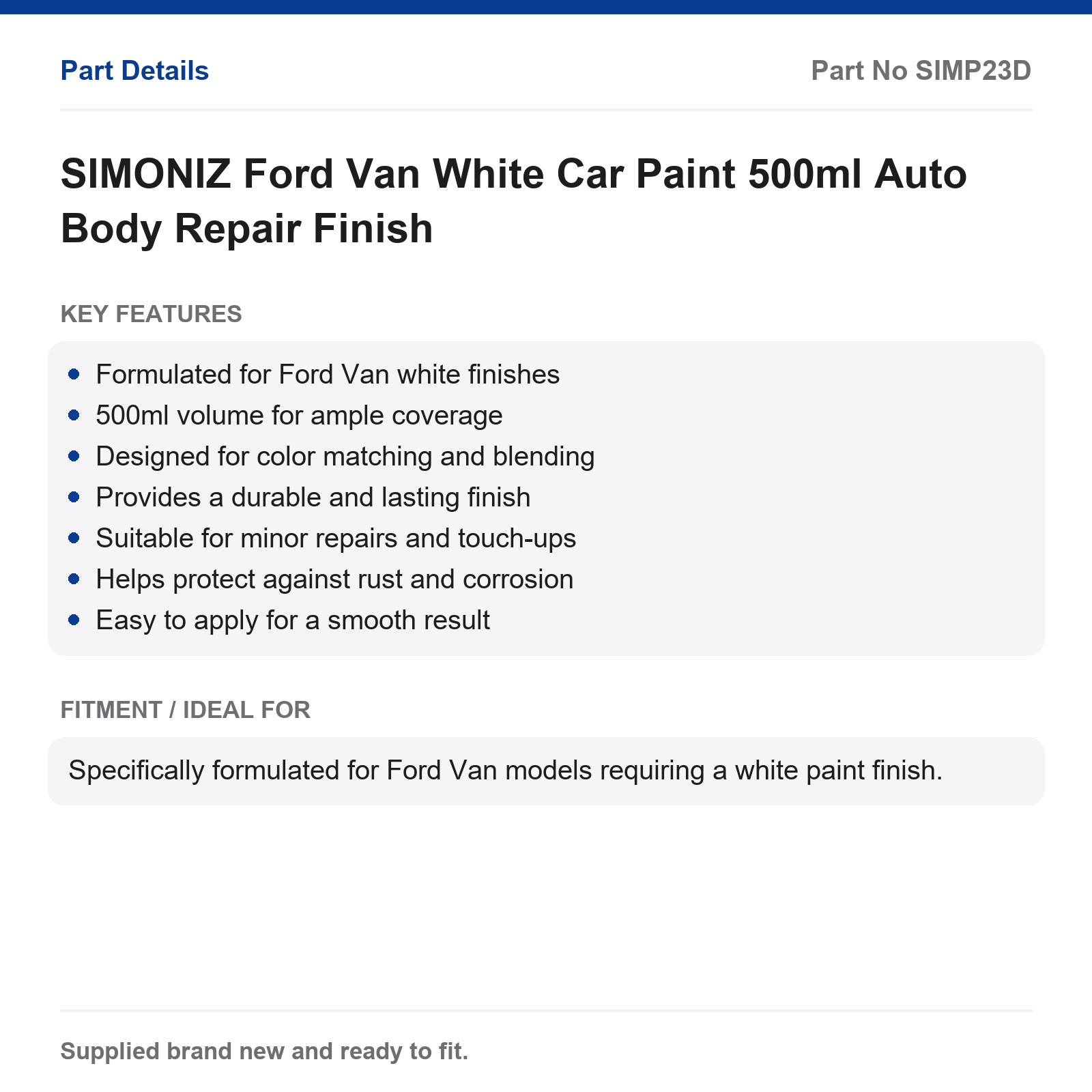 SIMONIZ Ford Van White Car Paint 500ml Auto Body Repair - Image 4