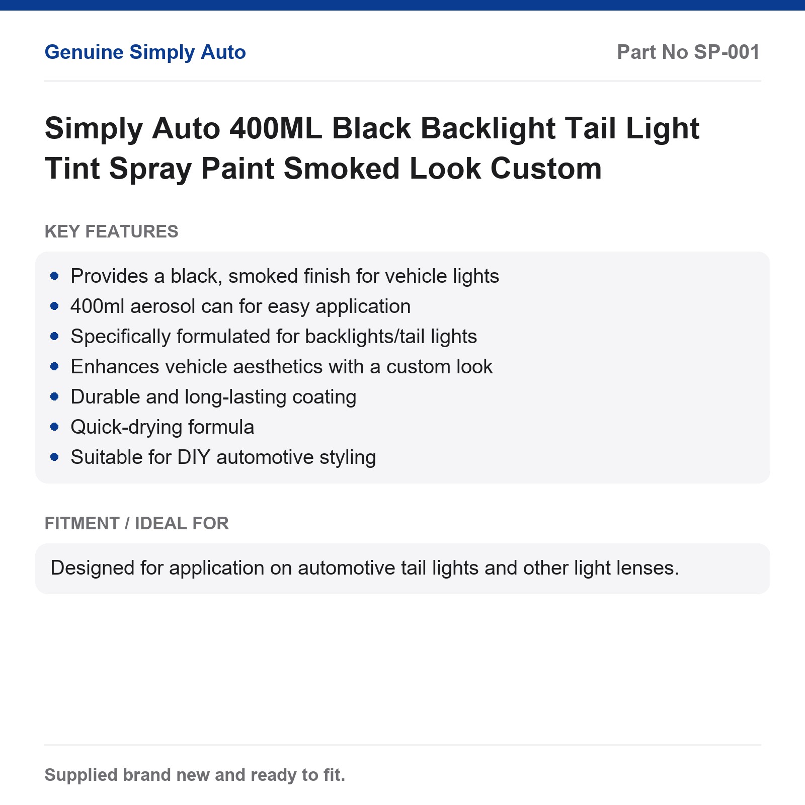 Simply Auto Black Backlight Tail Light Tint Spray Paint 400ML Smoked Look - Image 2